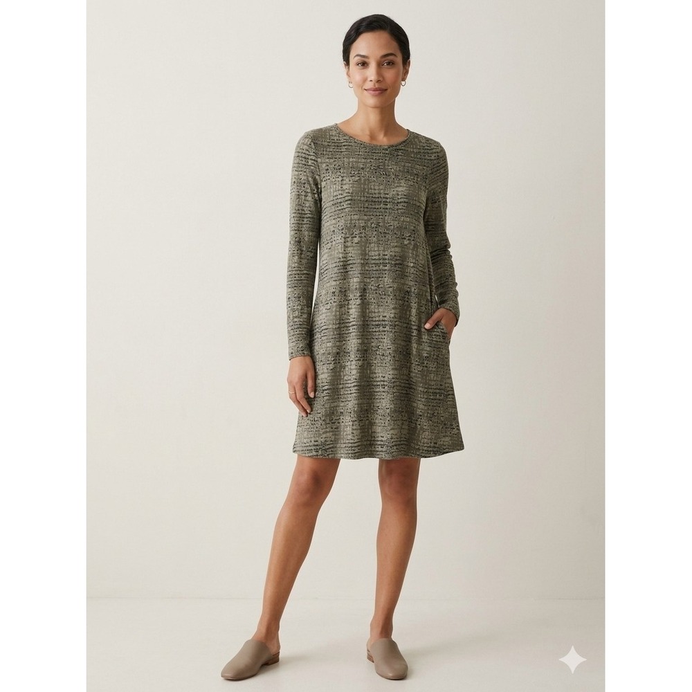 Pact Organic Cotton Green Print  Knee Length Dress Long Sleeve Size M Pockets